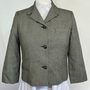 Herve Benard Vintage Wool Houndstooth Blazer Black White Cropped Jacket 3 Button